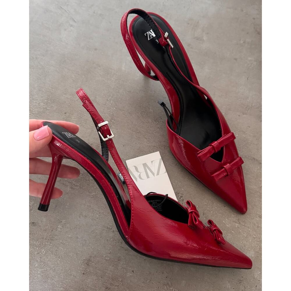 Zara Red Bow Slingback Heels Pointed Toe NWT - Picture 8 of 16